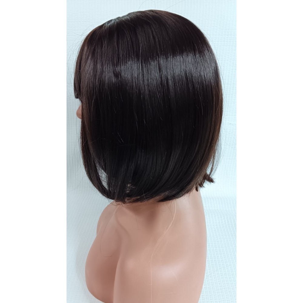 Women's breathable Cap synthetic Fiber Straight Dark Shiny Brown Bang hair wig - Picture 4 of 7